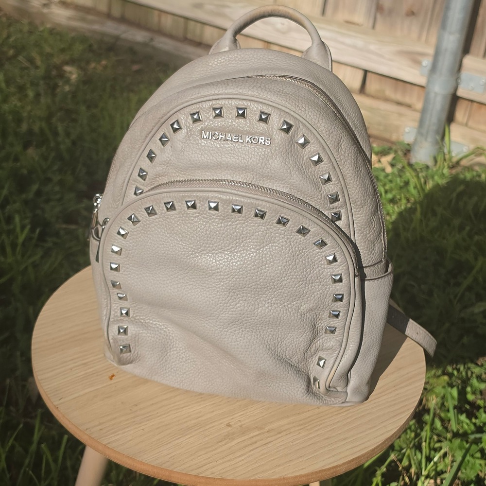 Michael Kors Rhea Studded Pebbled Leather Backpack Light Gray Pearl Silver Tone